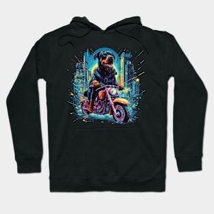 A modern t-shirt design featuring a Rottweiler Dog riding a futuristic motorcycle Hoodie